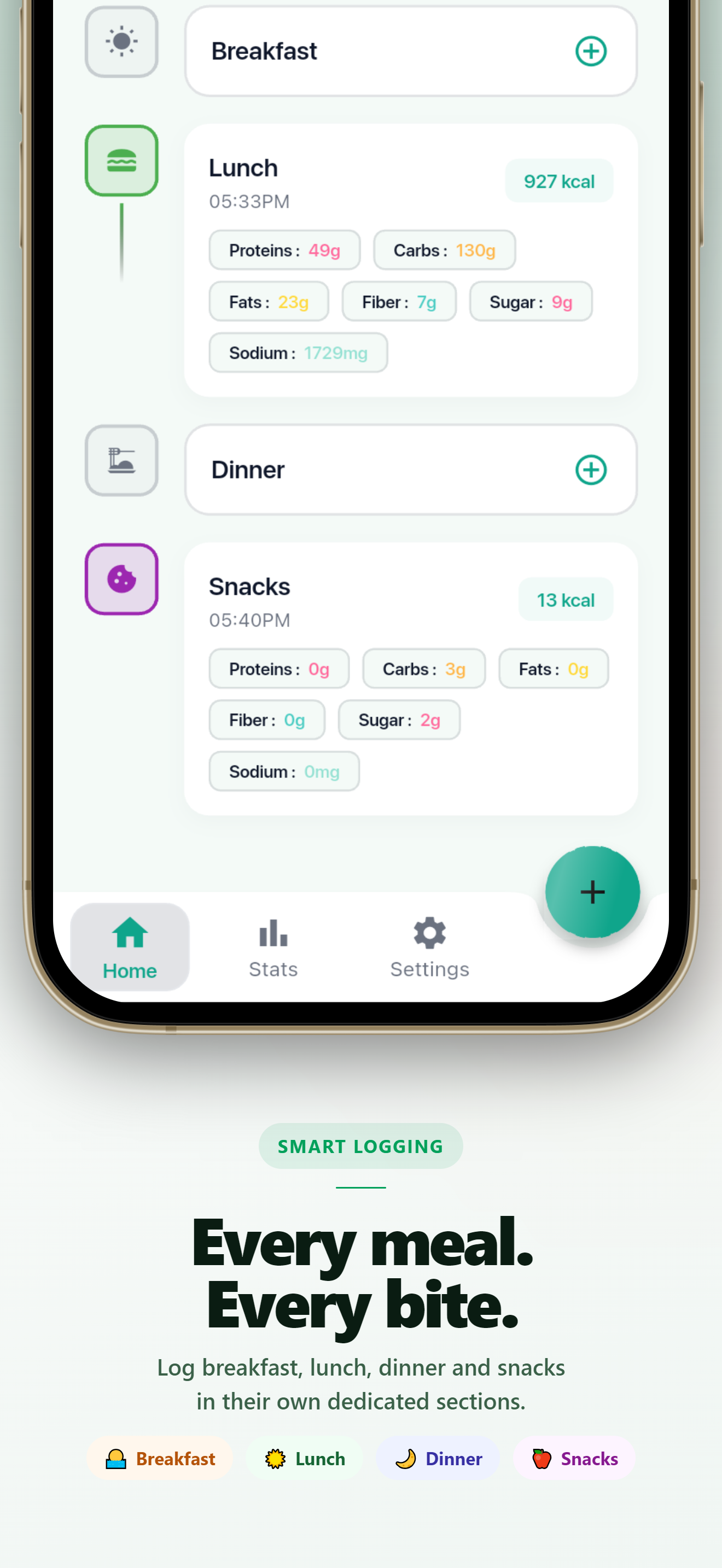 CalEye meal sections screen
